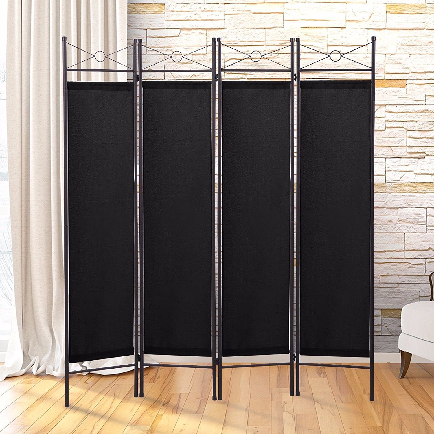 Sandinrayli 4-Panel Steel Room Divider Screen Fabric Folding Partition Home Office Privacy Screen, Black: Industrial & Scientific