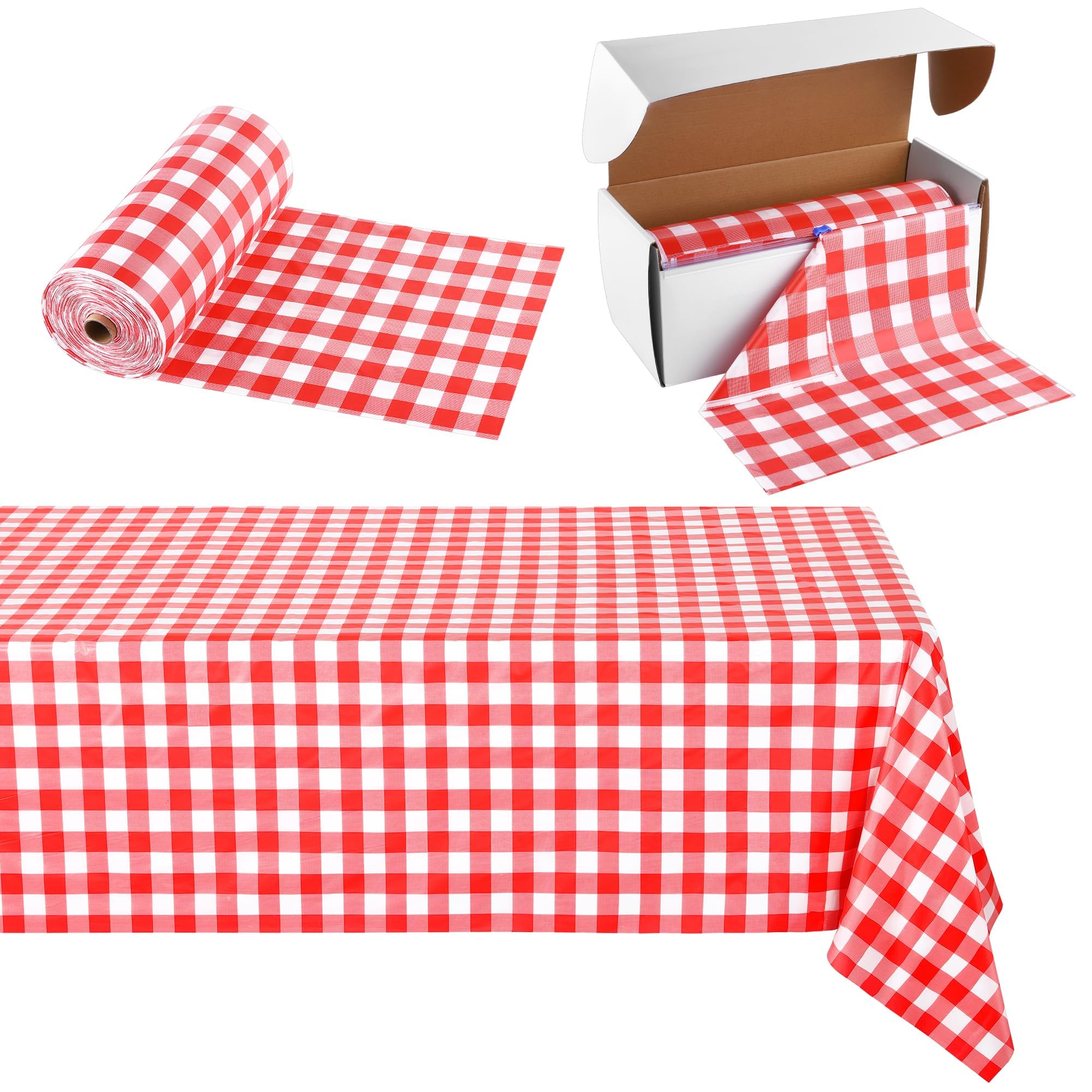 Photo 1 of Kochorie 54 Inch x 300 Ft Red Checkered Plastic Table Cloth Roll Disposable Waterproof Table Cover with Easy Slide Cutter for Outdoor Picnic/Home Dining/Spring Party