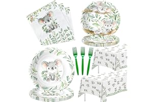 APOWBLS Koala Birthday Party Supplies - Koala Theme Baby Shower Birthday Decorations Tableware, Plates, Napkins, Tablecloth, Forks, Safari Jungle Animal Australian Koala Bear Party Supplies | Serve 24