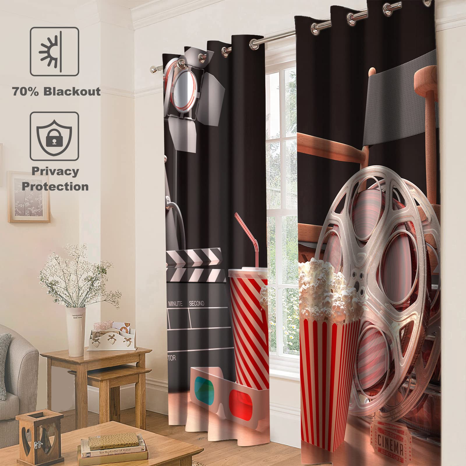 Jekeno Movie Theater Blackout Curtains Movie Theater Theme Print Home Bedroom Living Room Decor Sunlight Blocking Grommet Window Drapes 2 Panel Set, 52