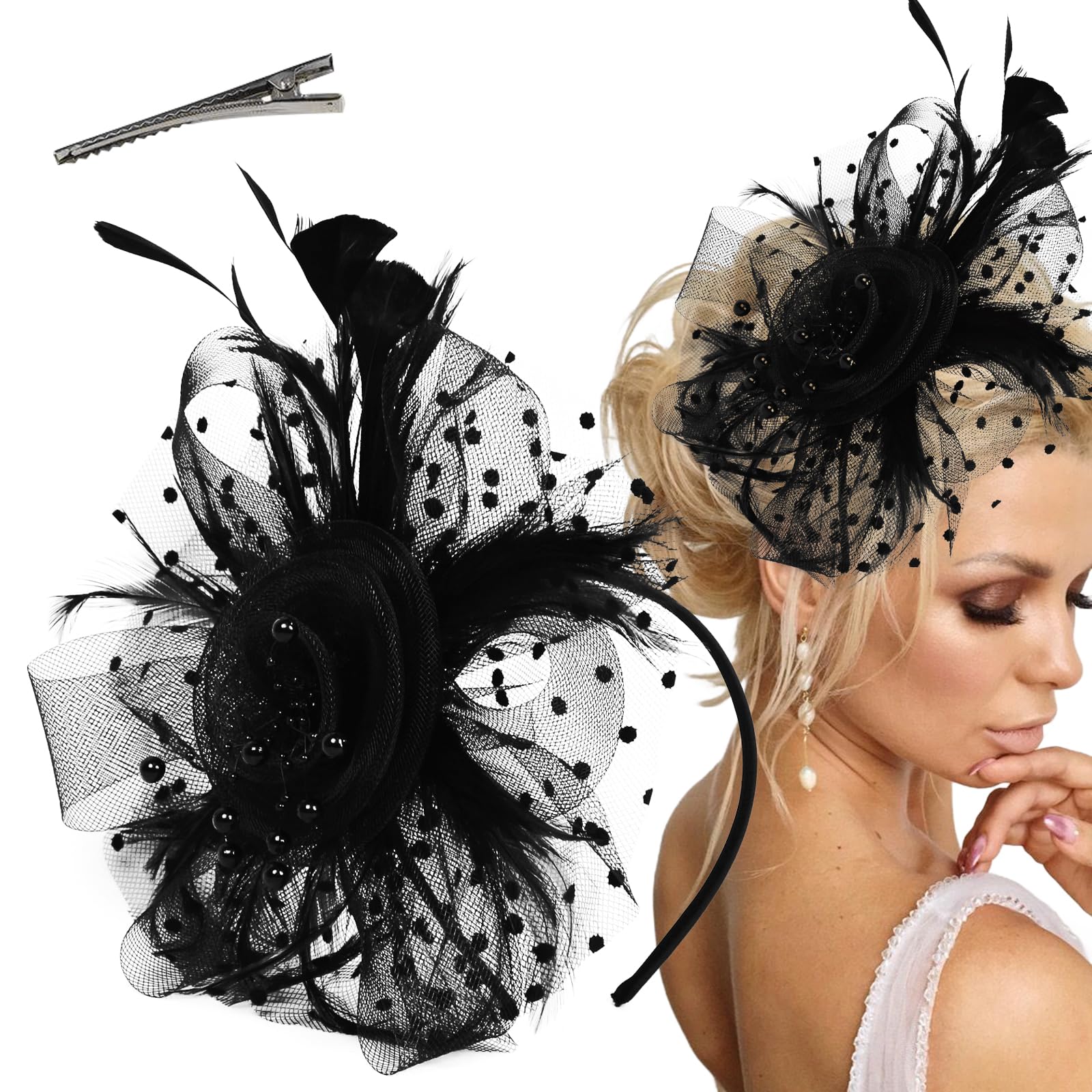 Photo 1 of Arvintas Fascinators Hats for Women Tea Party Headwear Tea Party Hats for Women Flower Mesh Ribbons Feathers Headband Hair Accessories (Black)