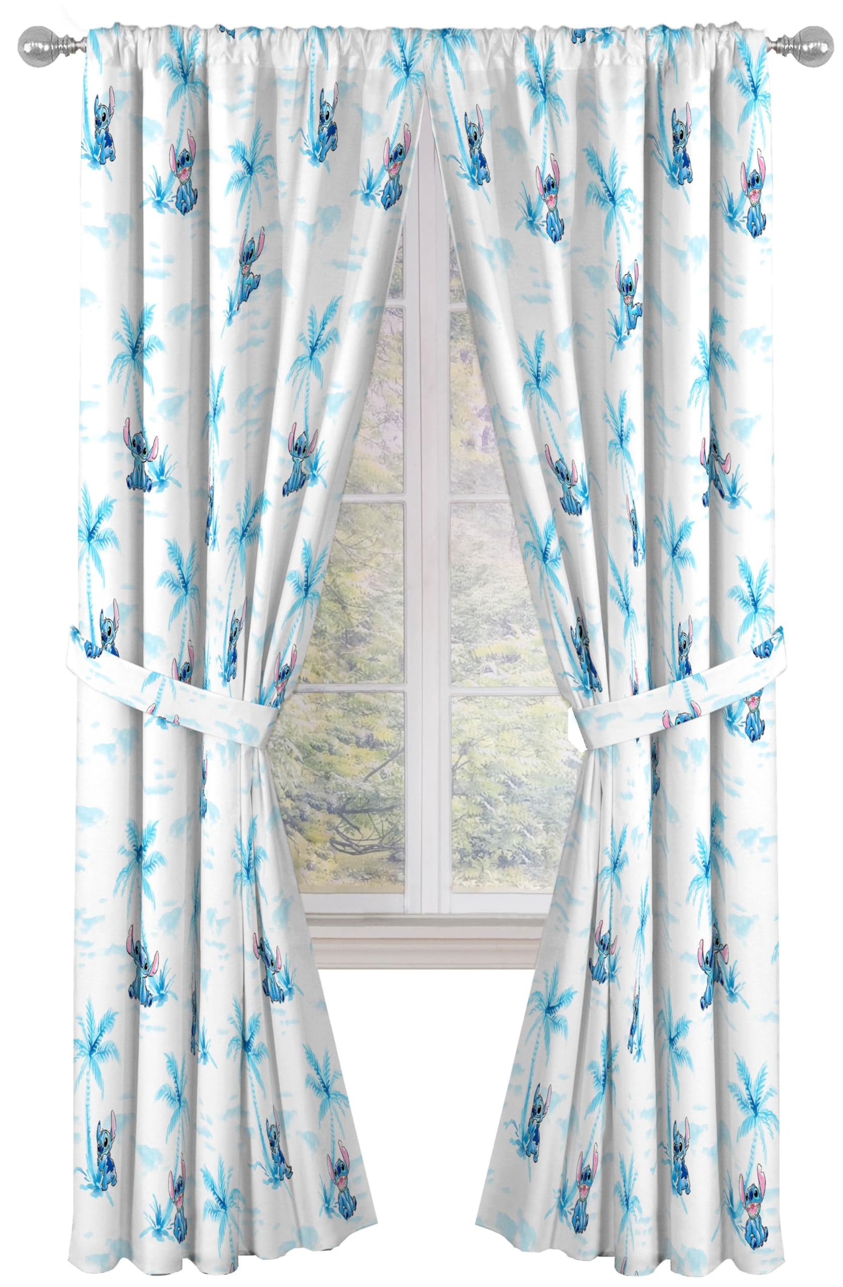 Photo 1 of Jay Franco Window Curtains for Kids Bedroom 4-Piece Drape Set with 2 Tiebacks, White - Lilo & Stitch, 42" W x 84" L (Pack of 2)