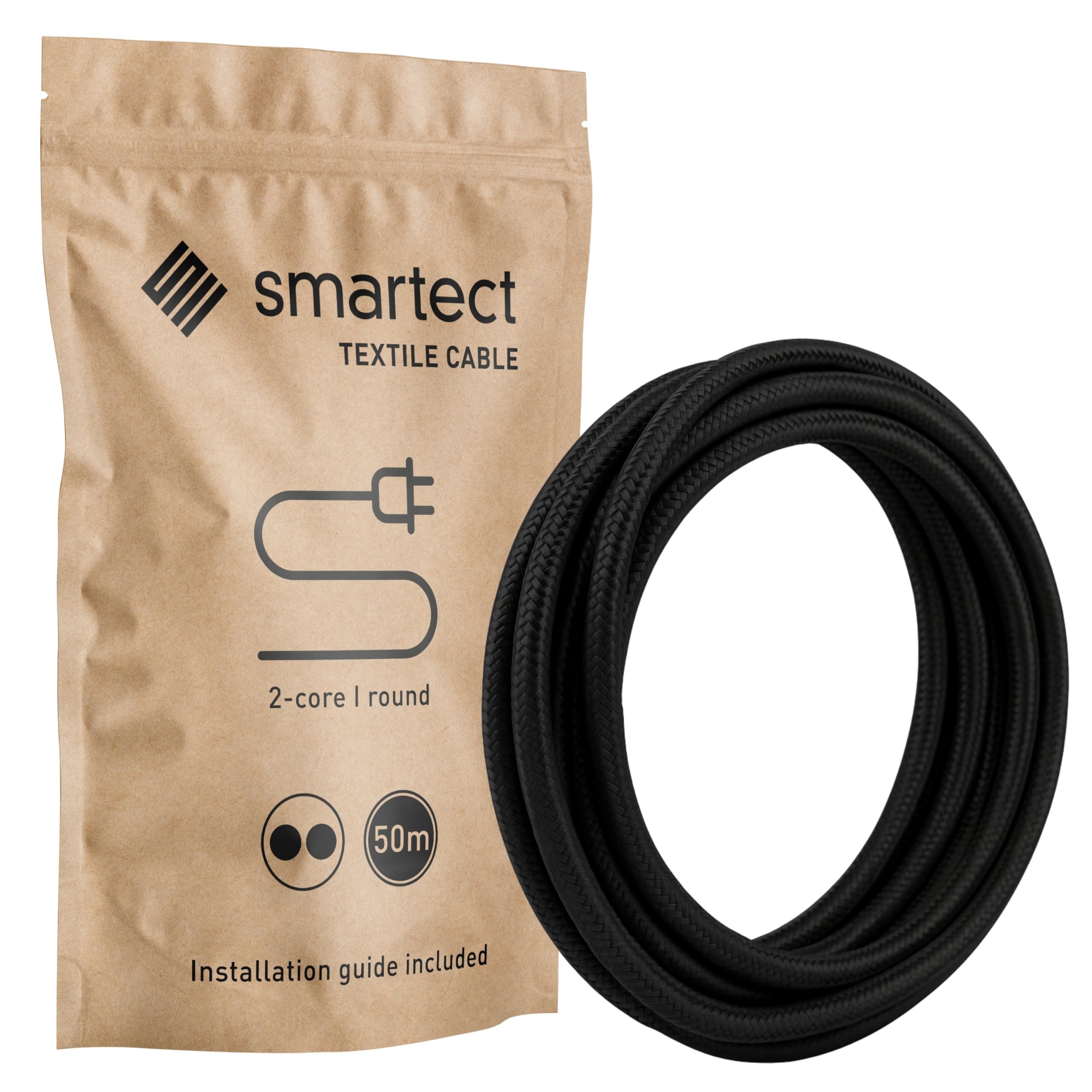 smartect Braided Cable, Black, 50 Metres 2 Core Electrical Cable (2 x 0.75mm²) Vintage Fabric Electrical Wire for your DIY project