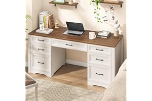 Bonvache Farmhouse Executive Desk, Wood Home Office Desk with 2 Large File Drawers and 5 Storage Cabinets, Rustic Writing Des