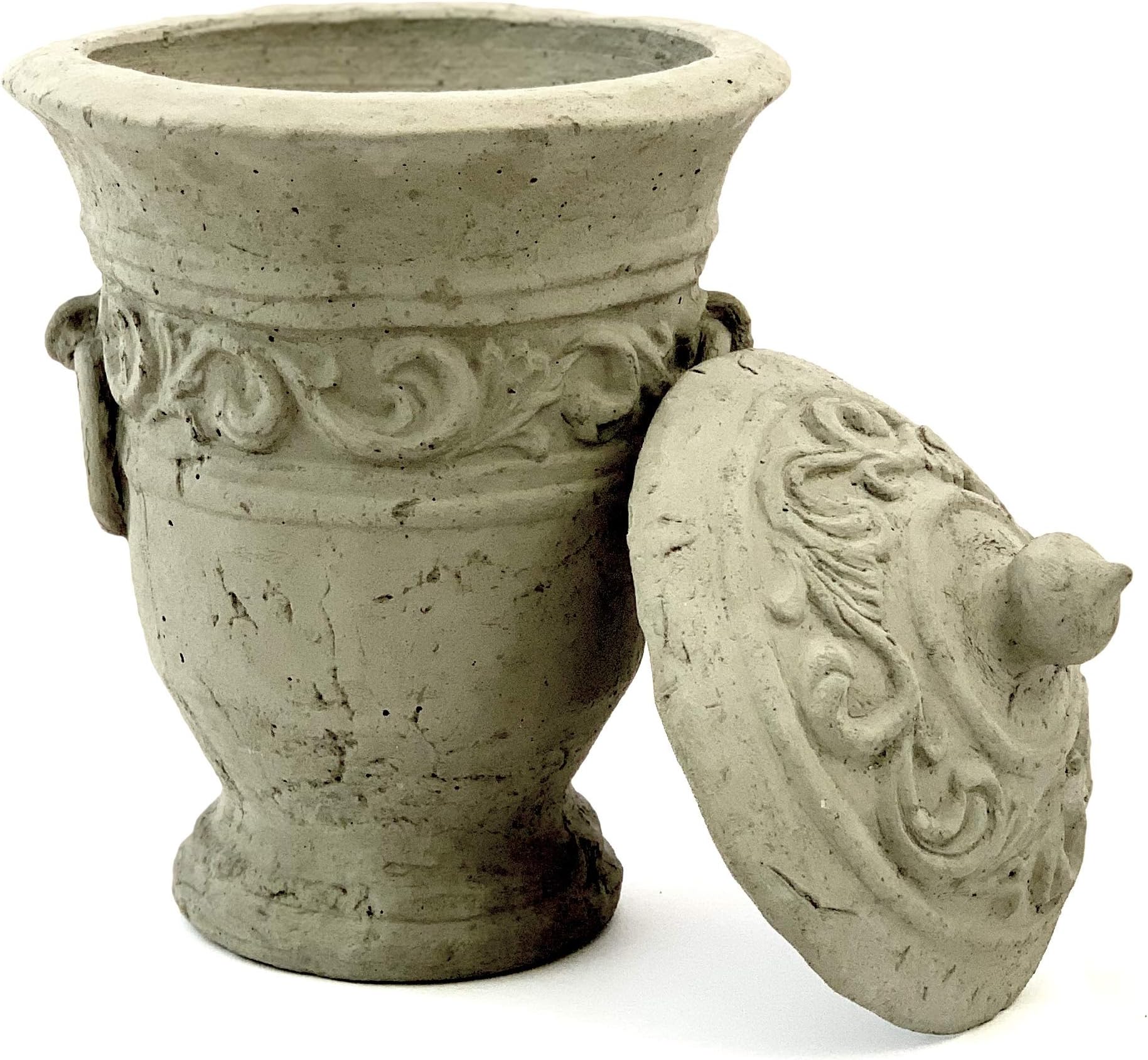 Vintage Motif URN w/LID (No Drainage): Solid Durable Stone w/Weathered Worn Detail. Perfect for Indoor Design & Outdoor Safe. Handcrafted in The USA (Antique - Gray)