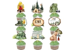One Happy Camper Cake Topper - Joybileefun 36PCS One Happy Camper Birthday Decorations Cupcake Toppers Woodland Camping Themed Party Decor Supplies for Kids Boys Girls Baby Shower Party