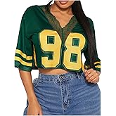 SOLY HUX Women's Number Graphic Tees Lace V Neck Half Sleeve Crop Tops Jersey Shirt Y2k Streetwear