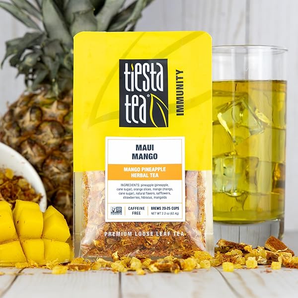 TIESTA TEA MAUI MANGO, LOOSE LEAF, MANGO PINEAPPLE HERBAL TEA, PREMIUM NON-CAFFEINATED FRUIT BLEND, MAKES HOT OR ICED & BREWS UP TO 25 CUPS, 2.2 OUNCE RESEALABLE POUCH