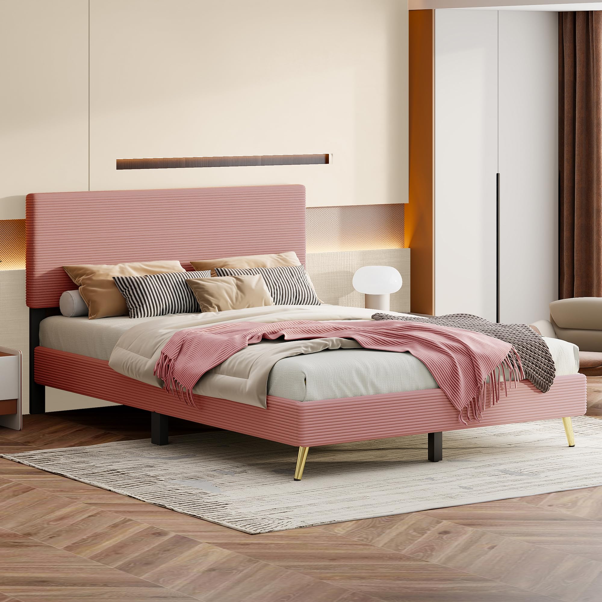 Photo 1 of LOPOO Queen Size Corduroy Upholstered Bed Frame, Platform Bed with Horizontal Stripe Headboard, Pink Velvet, Classic Design, Easy Assembly, 82.6'' x 64'' x 39''