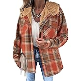 Zeagoo Womens Plaid Shacket Jacket Long Sleeve Fleece Hooded Jackets Fall Winter Warm Coat S-2XL