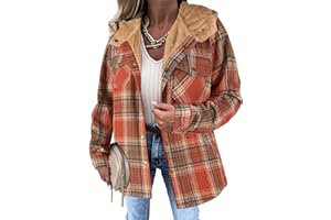 Zeagoo Womens Plaid Shacket Jacket Long Sleeve Fleece Hooded Jackets Fall Winter Warm Coat S-2XL