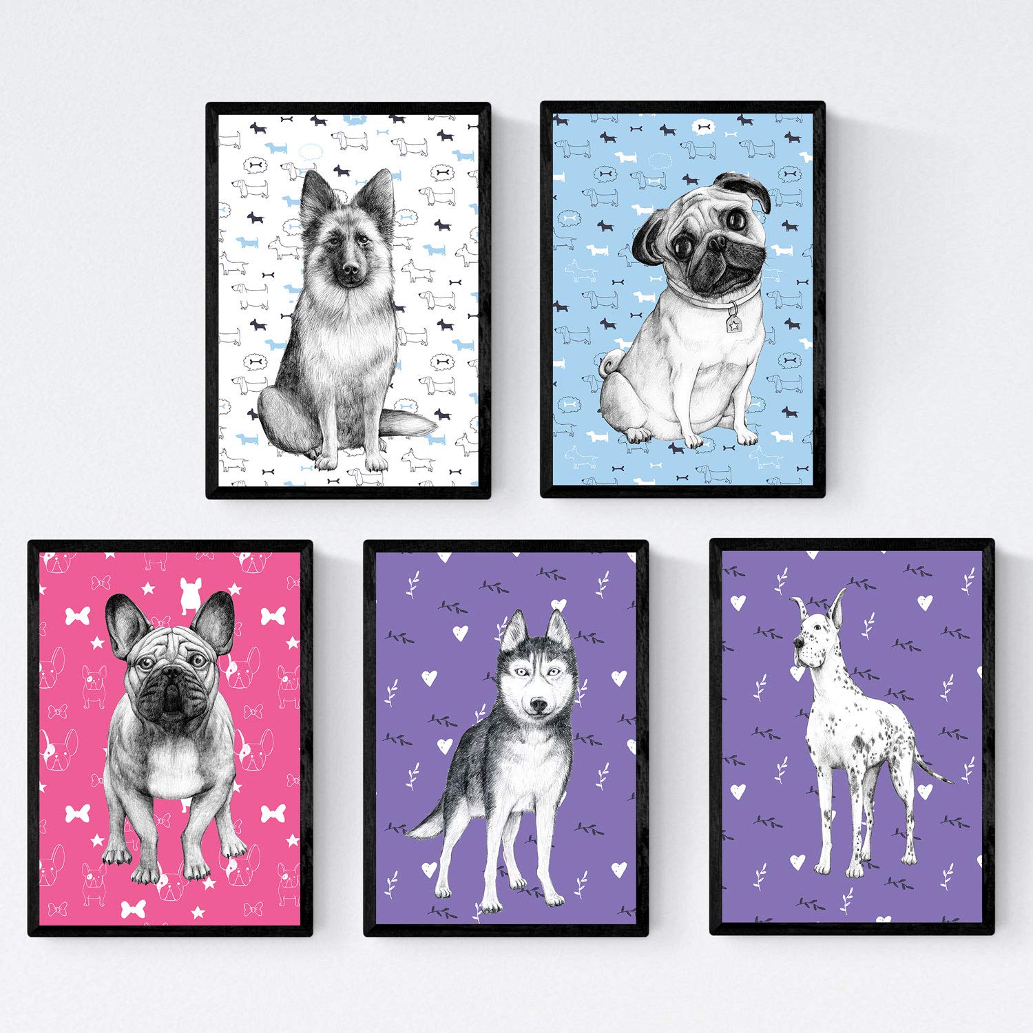 Nacnic Pack breed dog posters colors. Decorative plates dogs. A4 size