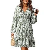 Dokotoo Spring Dresses for Women 2026 Boho Floral V Neck Long Sleeve Smocked Elastic Waist Casual A-Line Mini Dress Sundress