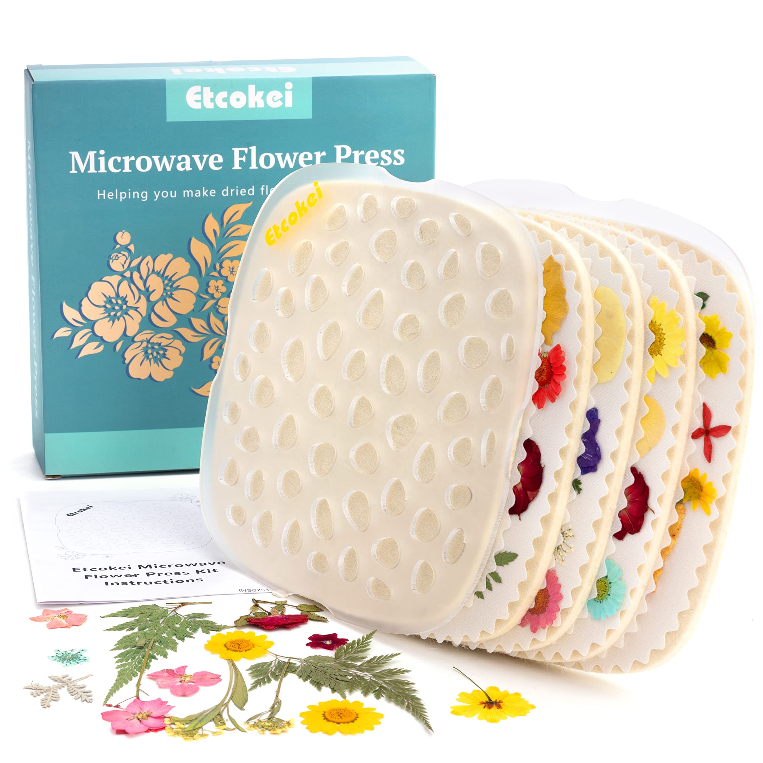 Etcokei Quickly Microwave Flower Press Kit, 4 Layers 7.5" Flower Pressing Kit for Adults for Plant DIY Arts, Resin Arts, Scrapbooking, Nail Craft (Patented)