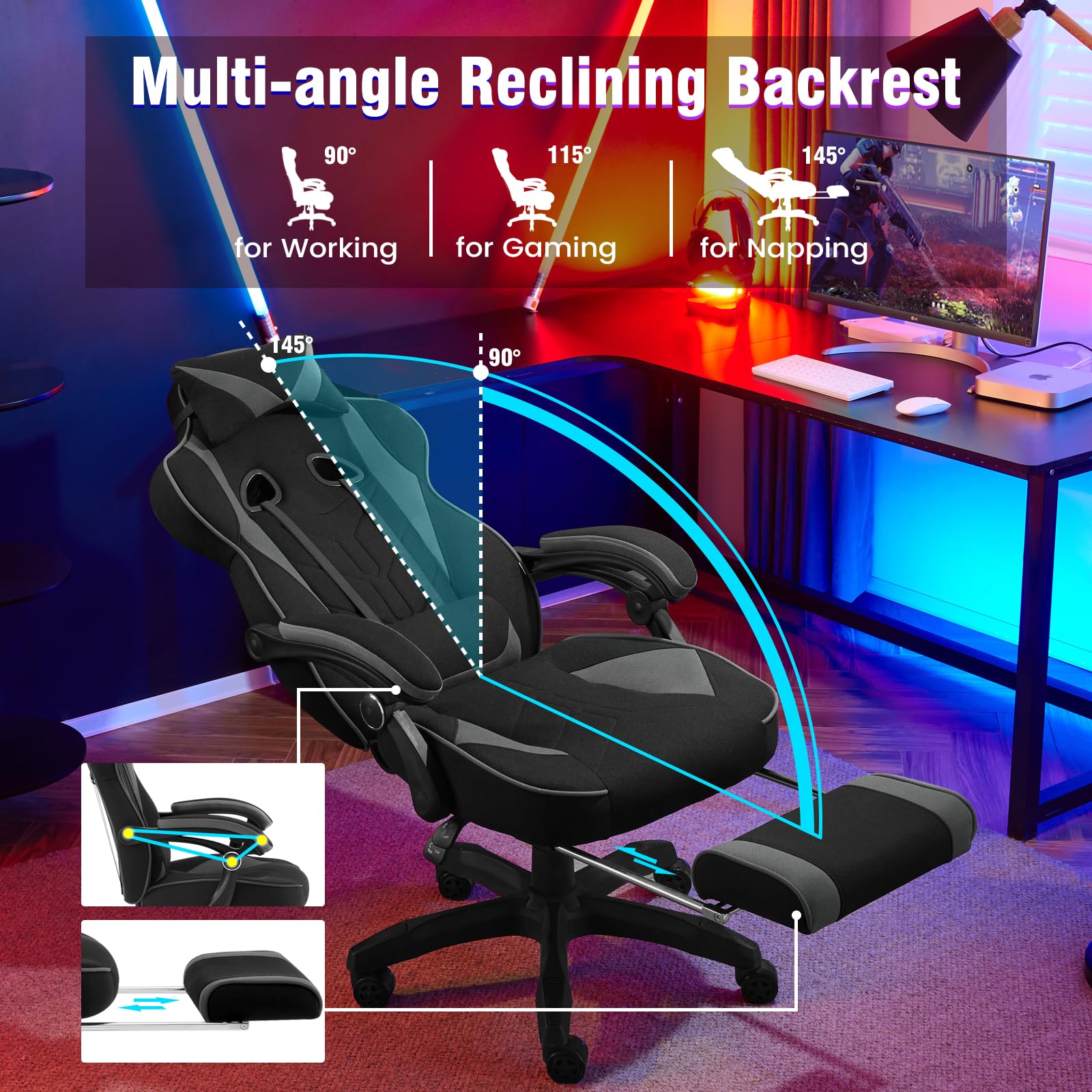 WOLTU Gaming Stuhl Stoff Stoff Kühl im Sommer Ergonomischer, 150 kg Belastbarkeit Verstellbarer Rückenlehne, Ergonomische Lendenstütze, Fußstütze, Büro- & Game-Sessel, Schwarz+Grau 5