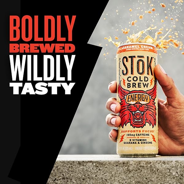 STOK COLD BREW ENERGY CARAMEL CREAM, READY TO DRINK CANNED COFFEE WITH 195MG CAFFEINE TO HELP SUPPORT FOCUS, B VITAMINS, GUARANA AND GINSENG, 11 FL OZ
