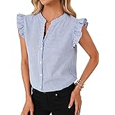 Vrtige Women's Dressy Striped V Neck Button Down Ruffle Cap Sleeve Summer Blouse Shirt Top