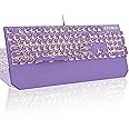 MageGee Typewriter Mechanical Gaming Keyboard, Retro Purple Punk Round Keycap LED White Backlit Wired Keyboard with Detachable Wrist Rest for Game and Office, for Windows Laptop PC, Blue Switches