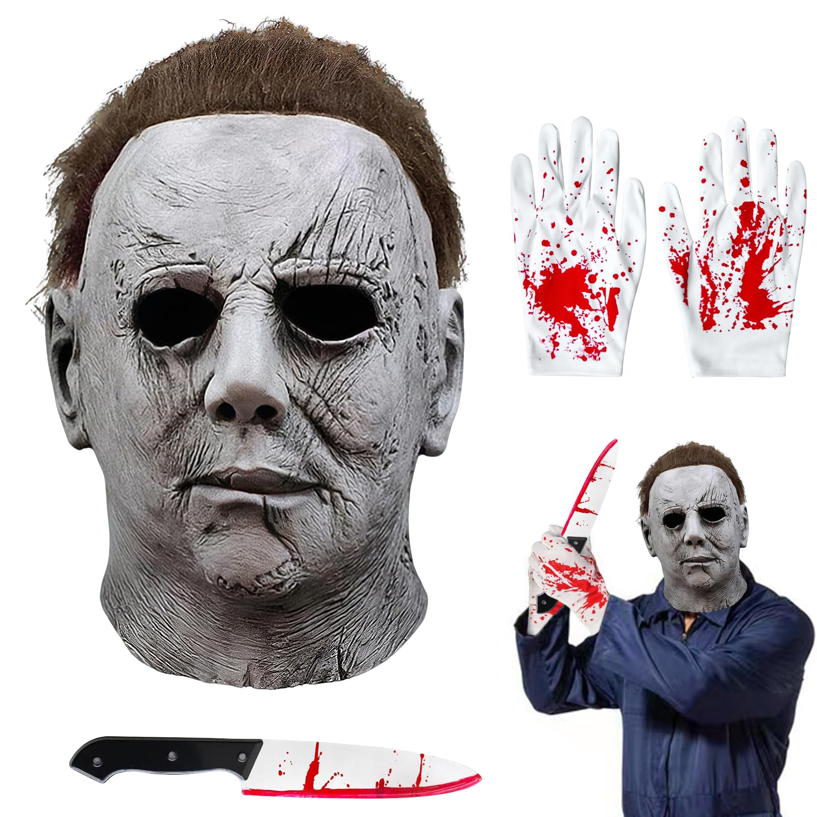 Gillterway Michael Myers Mask Halloween 3Pcs Set with Knife & Gloves – Scary Horror Latex Full Head Mask with Hair, Cosplay Costume Props for Adults, Halloween Party & Theme Events (A)