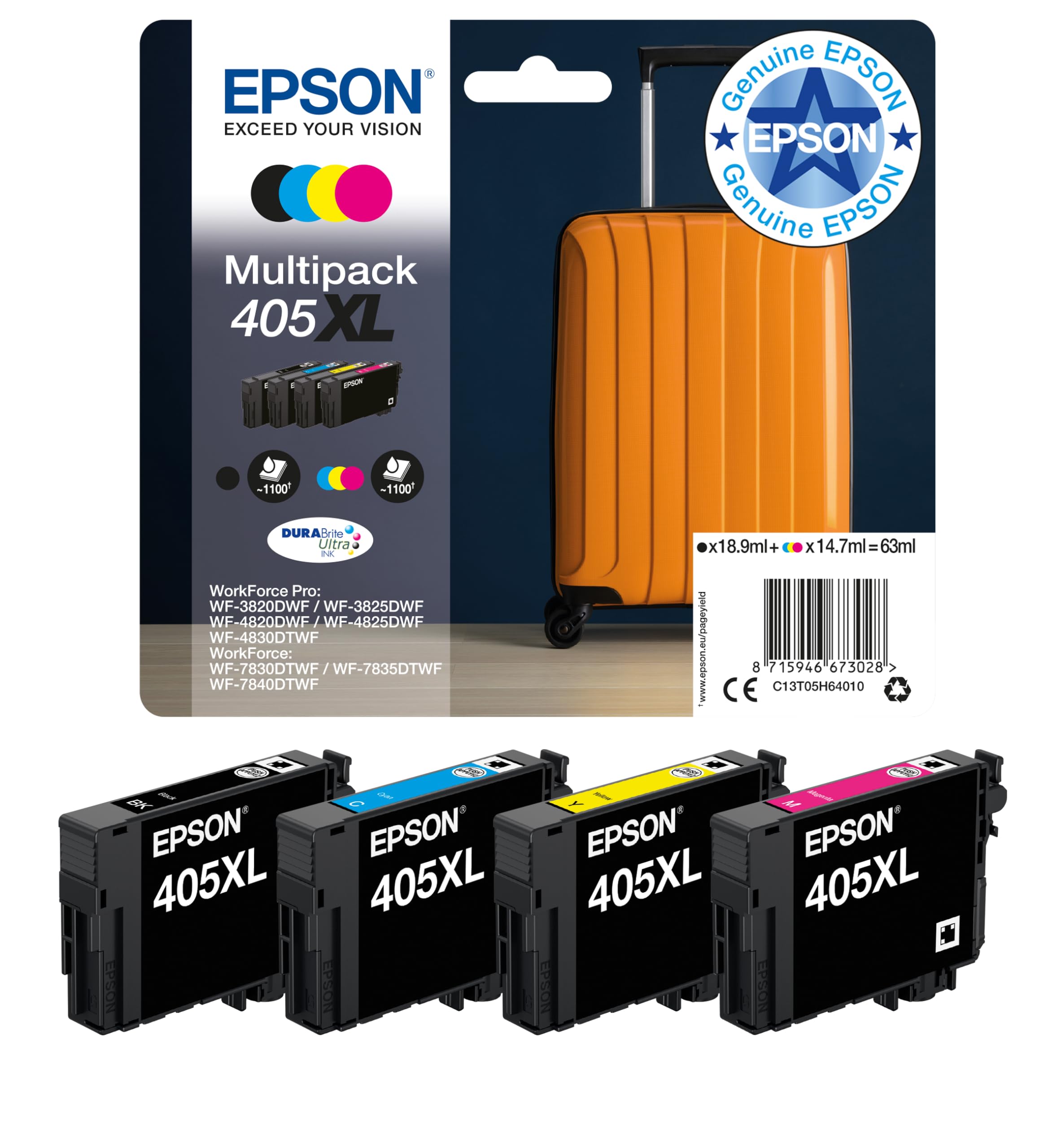 Epson 405XL Suitcase High Yield Genuine Multipack, 4-colours Ink Cartridges, DURABrite Ultra Ink