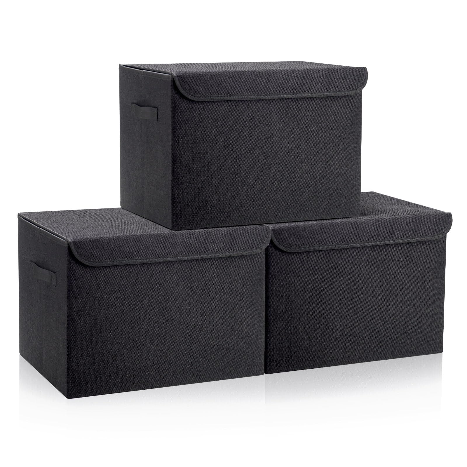 Photo 1 of Large 17" 42 Quarts Collapsible Stackable Storage Bins with Lids [3-Pack] Foldable Fabric Linen Storage Boxes Cube, Closet Organizer Baskets with Label (16.7 x 12 x 12", Black)