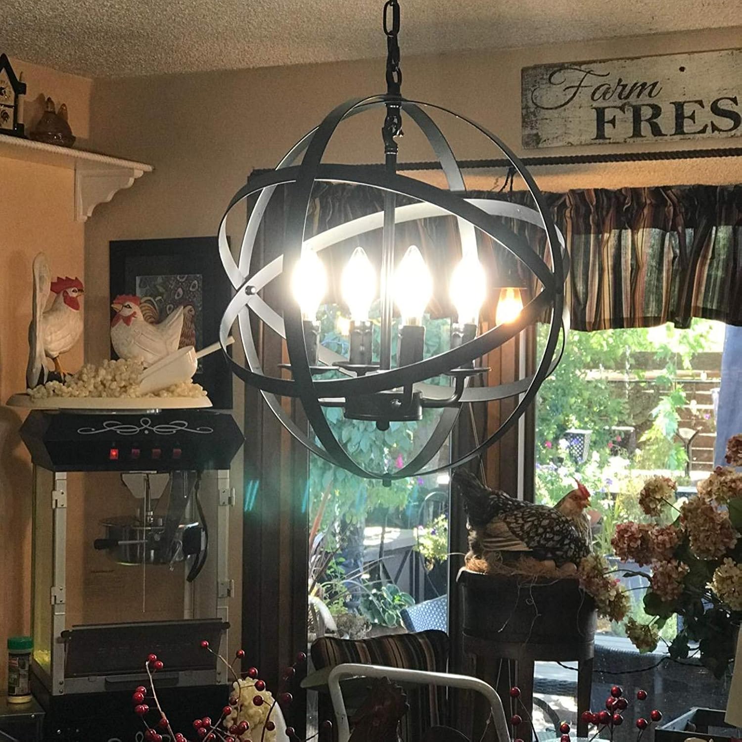 Lika 4-Light Chandelier 15.7" Farmhouse Rustic Industrial Pendant Lighting with Metal Spherical Shade Black Chandeliers for Dining Room, Kitchen, Foyer - - 