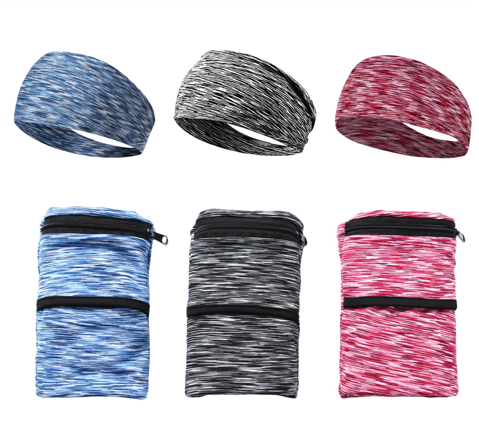 Wrist Pouch, Pocket Wallet with Zippered for Running, Walking, Hiking, Cycling, Yoga and More (L, Black+Blue+Red+3 Headband)