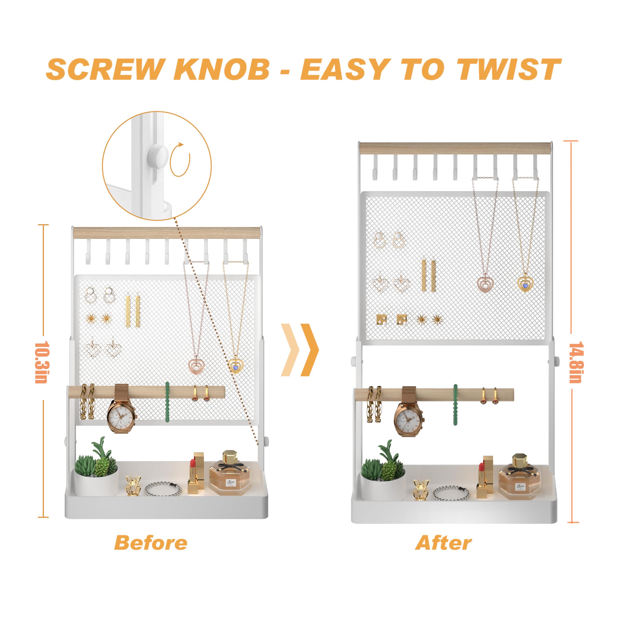 Jewelry Organizer Stand, Liftable Necklace Holder with Earring Organizer Net, 9 Hooks Necklaces Storage Wooden Handing Bar for Bracelets Watches Rings (White)