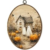 FSTCSV Vintage Halloween Ghost Oval Wall Art Framed, Spooky Ghost Pumpkin Canvas Prints Wall Hanging Art, Rustic Farmhouse Country Fall Halloween Oval Walls Decor for Home Bedroom, 8.8x11.5in