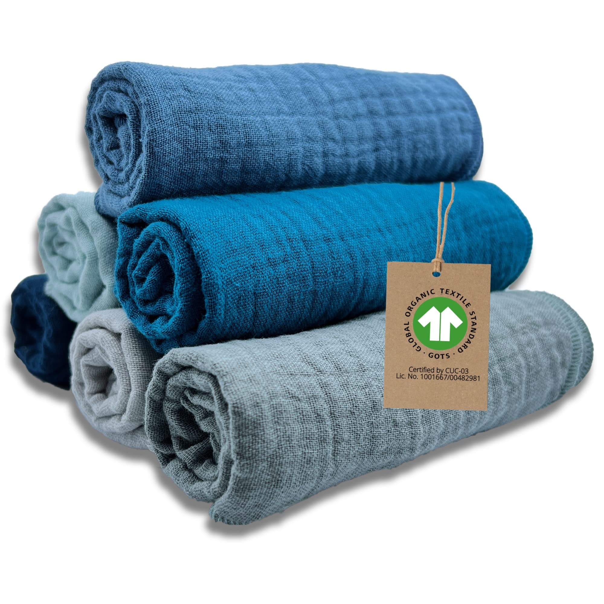 mimaDu Organic GOTS Burp Cloths 25 x 25 cm Organic Baby Face Cloth Baby Muslin Cloth Baby Mini Muslin Cloths for Baby Care, Small Towels 100% Organic Cotton Super Soft and Absorbent (Ocean)