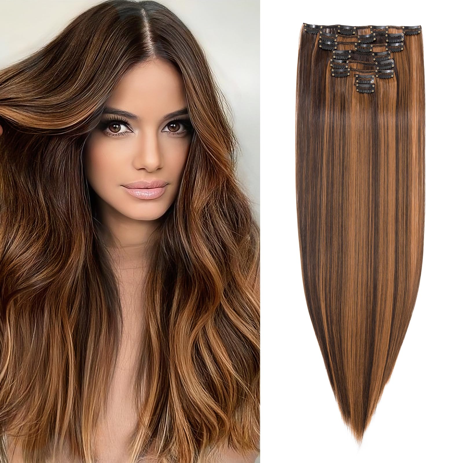 26" Long Straight Clip in Hair Extensions Full Head 8Pcs 18Clips Ombre Colorful Synthetic Hair Clip in Hairpiece Dark Brown mix Sandy Blonde