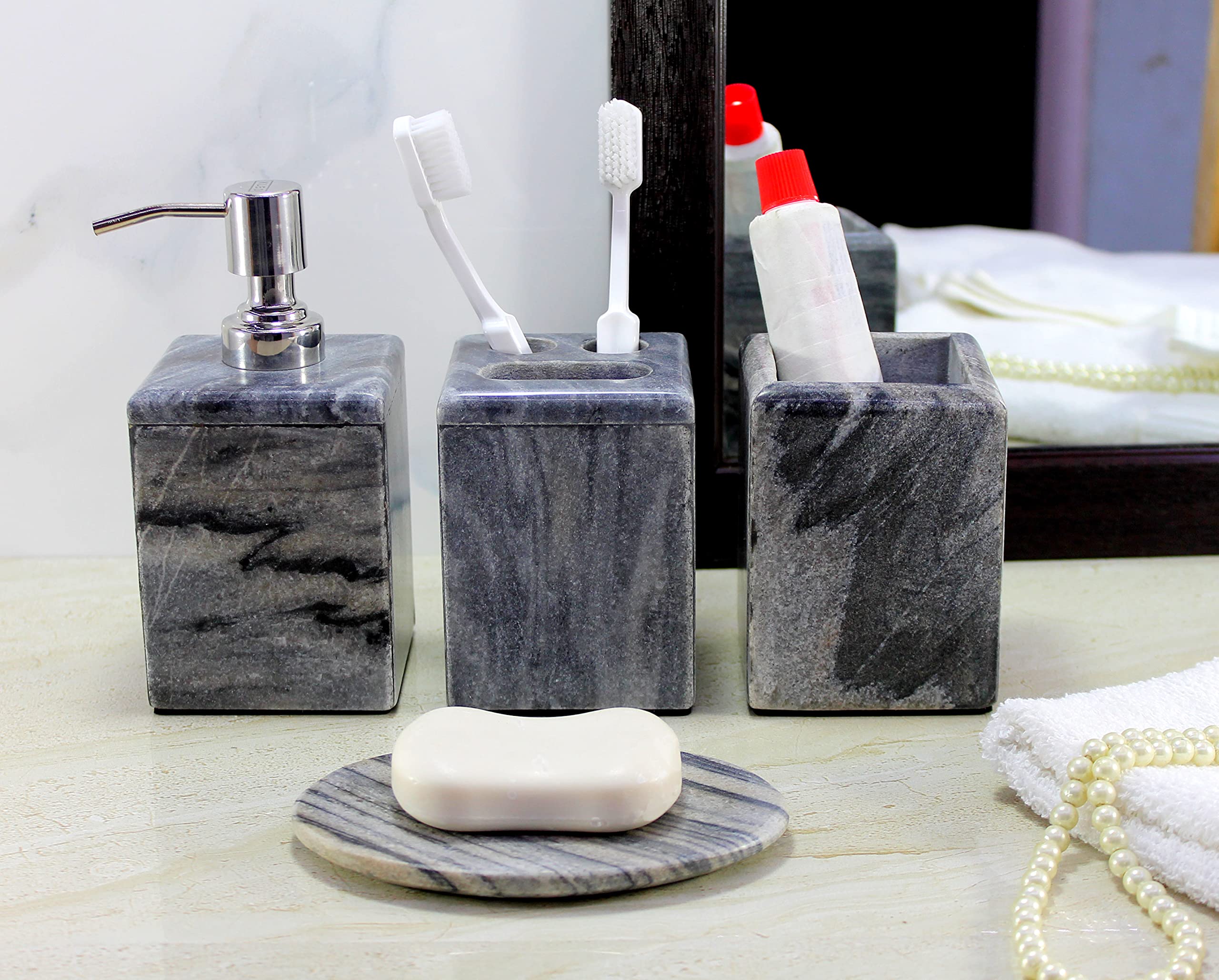 KLEO Marble Stone Bath Accessory Set of 4 Pieces Includes Liquid Soap / Lotion Dispenser with stainless steel pump, Toothbrush Holder, Tumbler, Soap Dish - Grey / Black