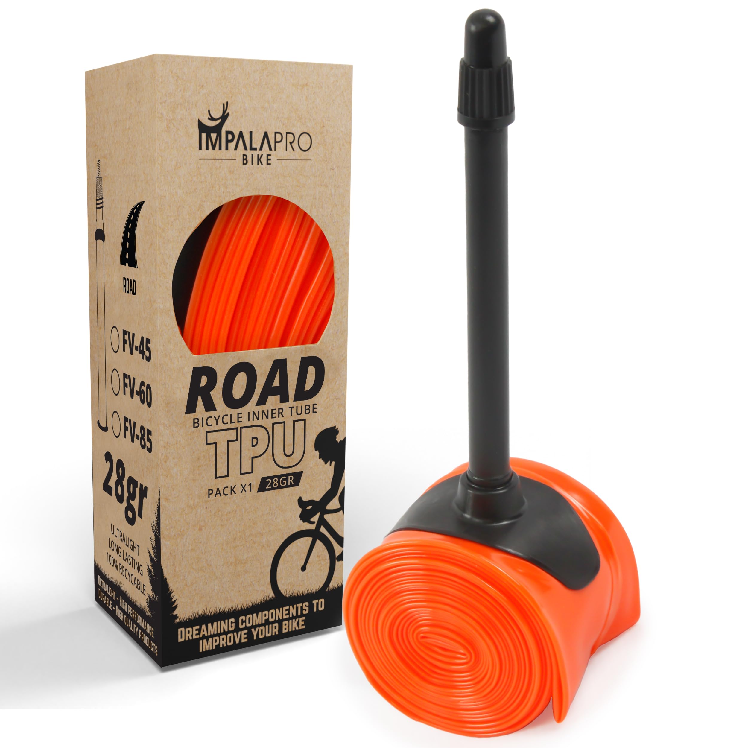 IMPALAPRO Ultralight TPU Inner Tube 700C 28g Compatible with 700x18/23/25/28/30/32C Presta Valve 45/65/85mm -TPU Road Bicycle Tire 28'' - 700C Bike Inner Tube (1Pc - Val 85mm)