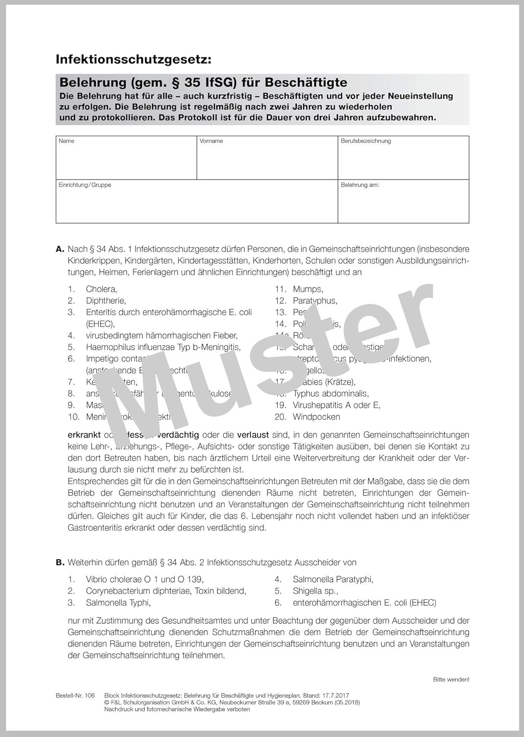 Infektionsschutzgesetz Belehrung Fur Beschaftigte Und Hygieneplan Mit Desinfektions Und Reinigungsplan 43 Infektionsschutzgesetz Amazon De Burobedarf Schreibwaren