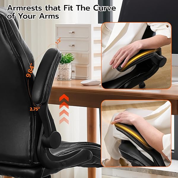 OFFICE DESK CHAIR, ERGONOMIC COMPUTER CHAIR WITH PADDED FLIP-UP ARMS AND ADJUSTABLE LUMBAR SUPPORT, PU LEATHER EXECUTIVE CHAIR WITH TILT LOCK AND 360° SWIVEL ROLLING WHEELS FOR WORK, STUDY
