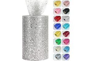 MIEGECHA Glitter Tulle Rolls, 6” by 50 Yards (150FT) Sparkling Tulle Spool Ribbon Sequin Tulle Netting Fabric for Tutu Skirt Wedding Birthday Baby Shower (Silver)