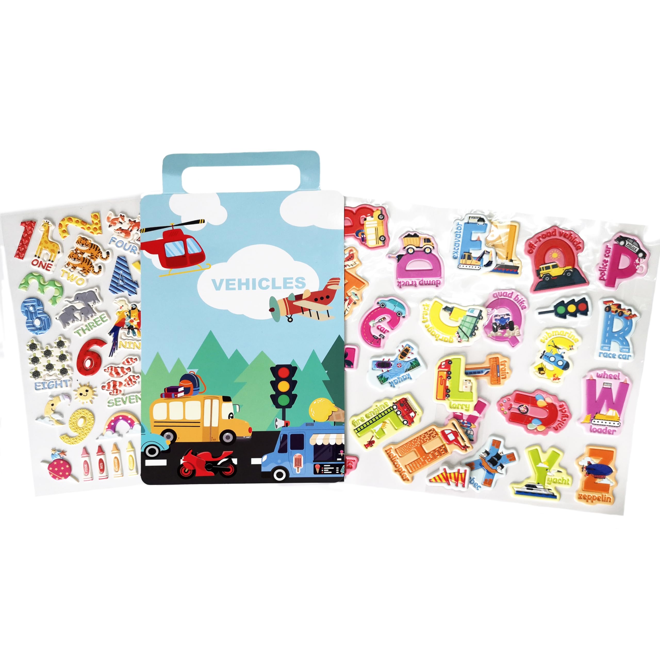 WALPLUS Puffy Stickers for Children Transportation Alphabet A to Z for Kids Reusable for Toddlers Animal Educational 0 to 9 for Party Bags 45 PCS