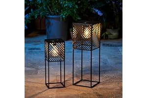 EUTY Outdoor Solar Powered Floor Lamp 2 Piece Different Size Modern Outdoor Decor Lanterns with Edison Bulbs Waterproof Solar Light for Patio,Pool, Lawn, Porch, Garden