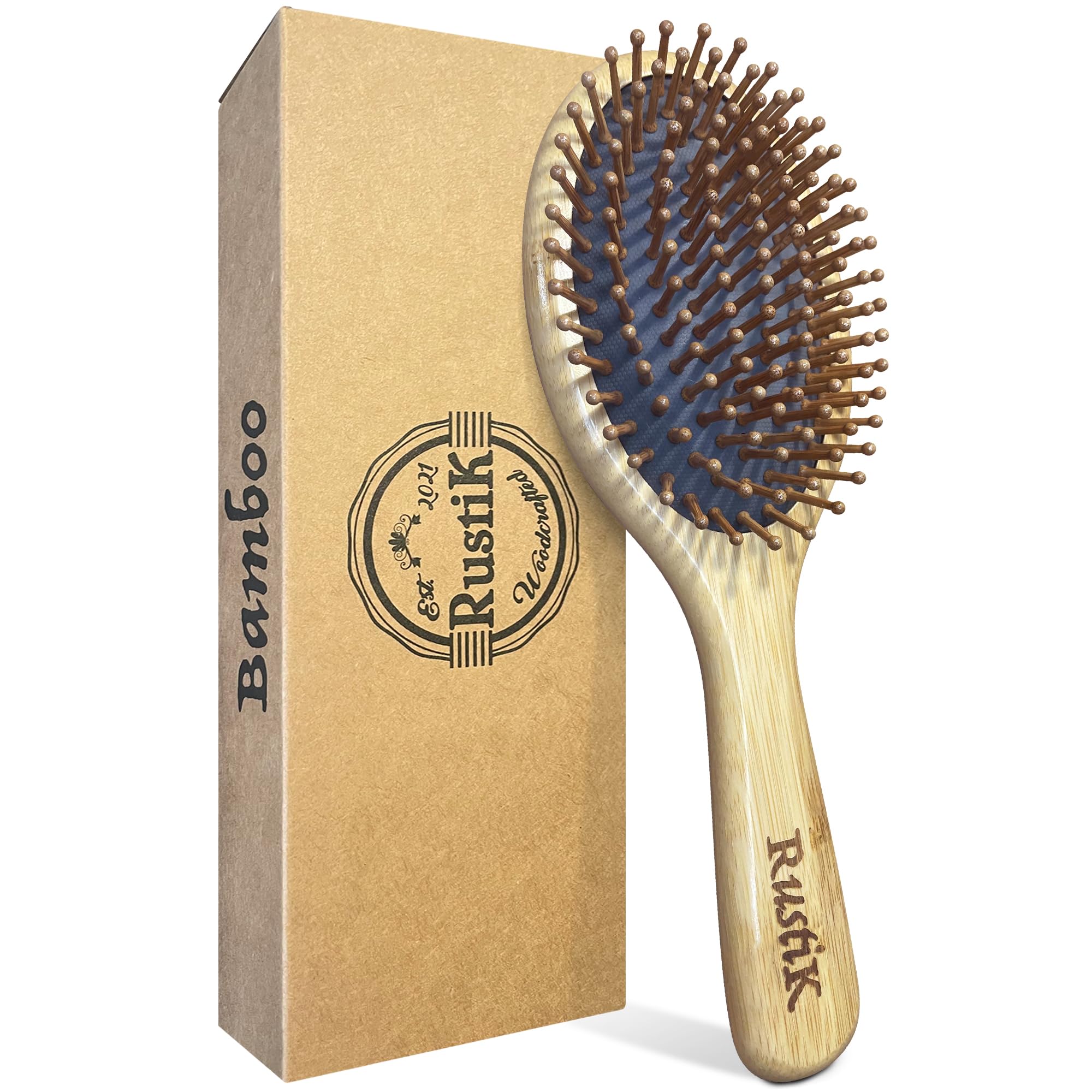 Bamboo Oval Hair Brush by RustiK, Grey, Detangling, Anti Static, Eco Friendly, Paddle, Sustainable, Handmade, Woodcrafted For Men and Women. Long, Short, Breakage, Straight, Curly.