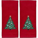Serafina Home Christmas Red Bathroom Hand Towels, 2 pc Set, 16 x 25, Elegant Christmas Tree, 100% Cotton Velour Terry, Holiday Decor for Bath and Kitchen