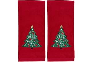 Serafina Home Christmas Red Bathroom Hand Towels, 2 pc Set, 16 x 25, Elegant Christmas Tree, 100% Cotton Velour Terry, Holiday Decor for Bath and Kitchen