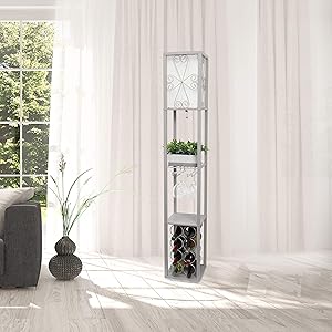 Simple Designs LF1015-GRY Etagere Organizer Storage Shelf and Wine Rack with Linen Shade Floor Lamp, Gray