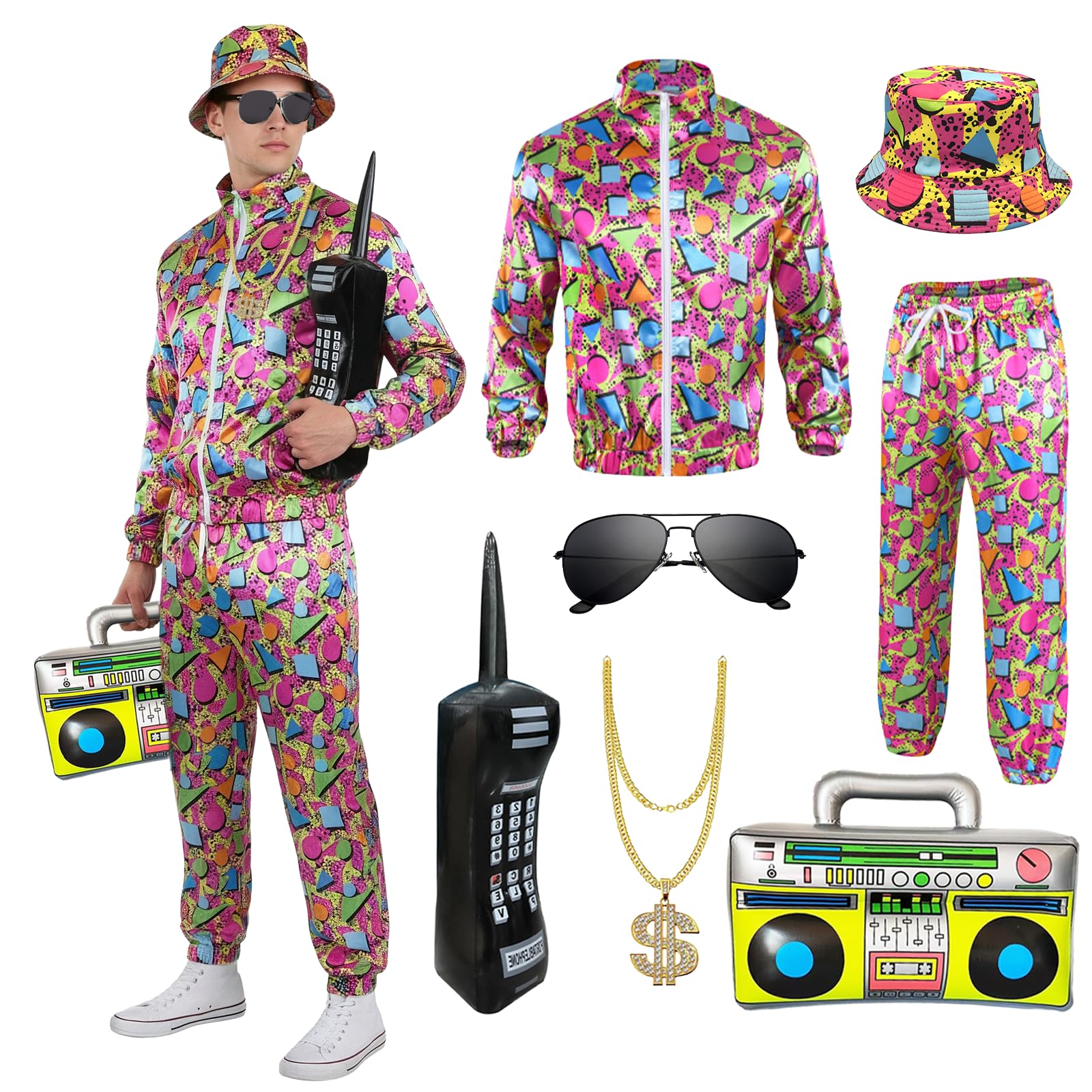 Xerteam 80s 90s Fancy Dress Men with Accessories, Retro 80s 90s Hip Hop Outfit for Adults, 80s Fancy Dress Set with 1 Sportswear Shirt Pant Hat Necklace Balloon Glasses (Red 1, XL)