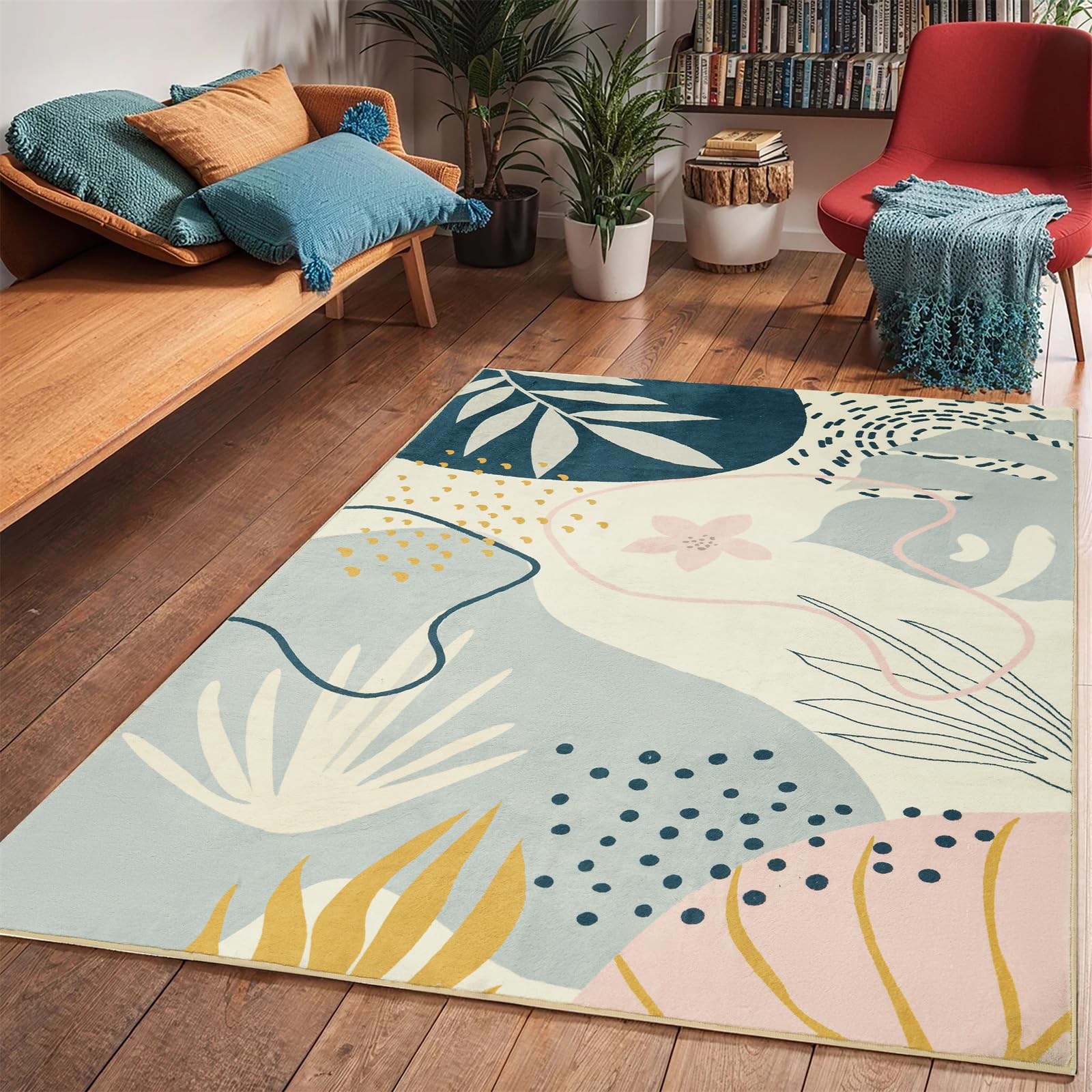 Modern Whimsy Area Rug RoomTalks Mid Century Modern Washable Rug, Boho Cute Aesthetic 5x7 Area ...