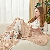 Snuggle Sac Beige Waffle Blanket for Couch Bed Sofa 60x80 inches, Reversible Soft Throw Microfiber Fluffy Fuzzy Cozy Knit Twin Blanket for Women Mothers Birthday Gifts