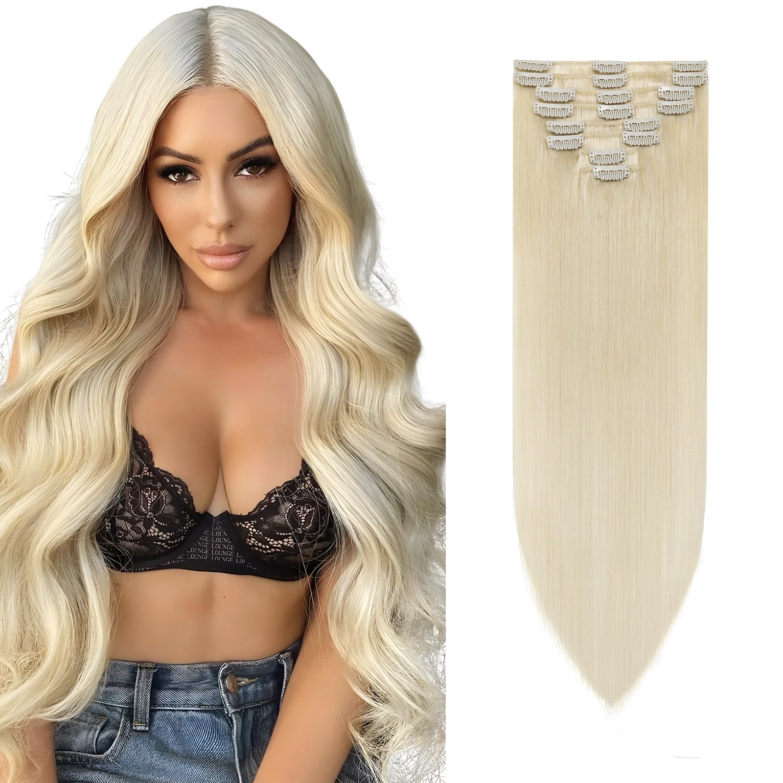 Clip in Hair Extensions #60 Platinum Blonde Real Hair Extensions Clip in Human Hair Straight Remy Human Hair Seamless 8pcs 10 Inch 50g Thin Hair — image 1