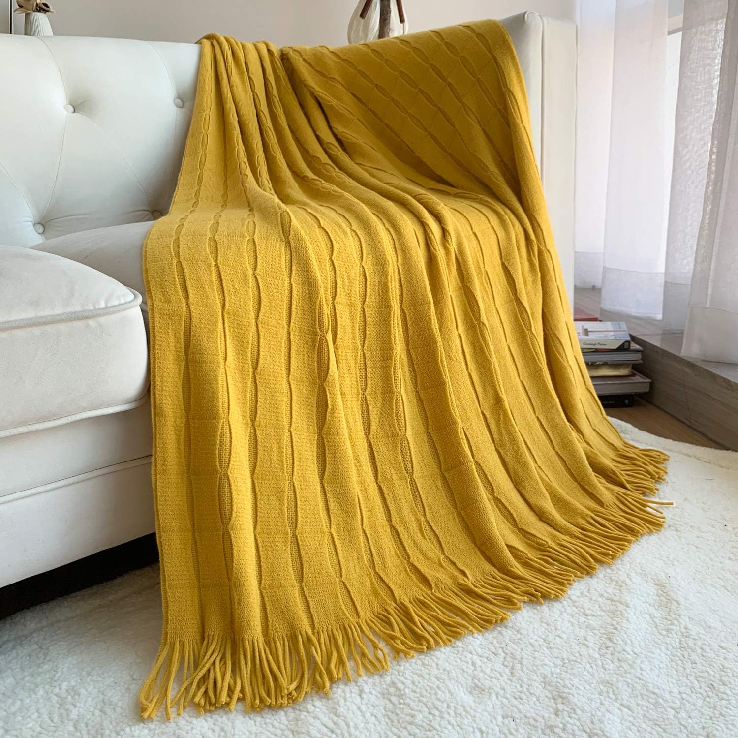 DISSA Knitted Blanket Textured Solid Super Soft Decorative Throw Blanket with Tassels Cozy Plush Lightweight Fluffy Woven Blanket for Bed Sofa Couch Living Bed Room (Mustard Yellow, 60"x80"): Home & Kitchen
