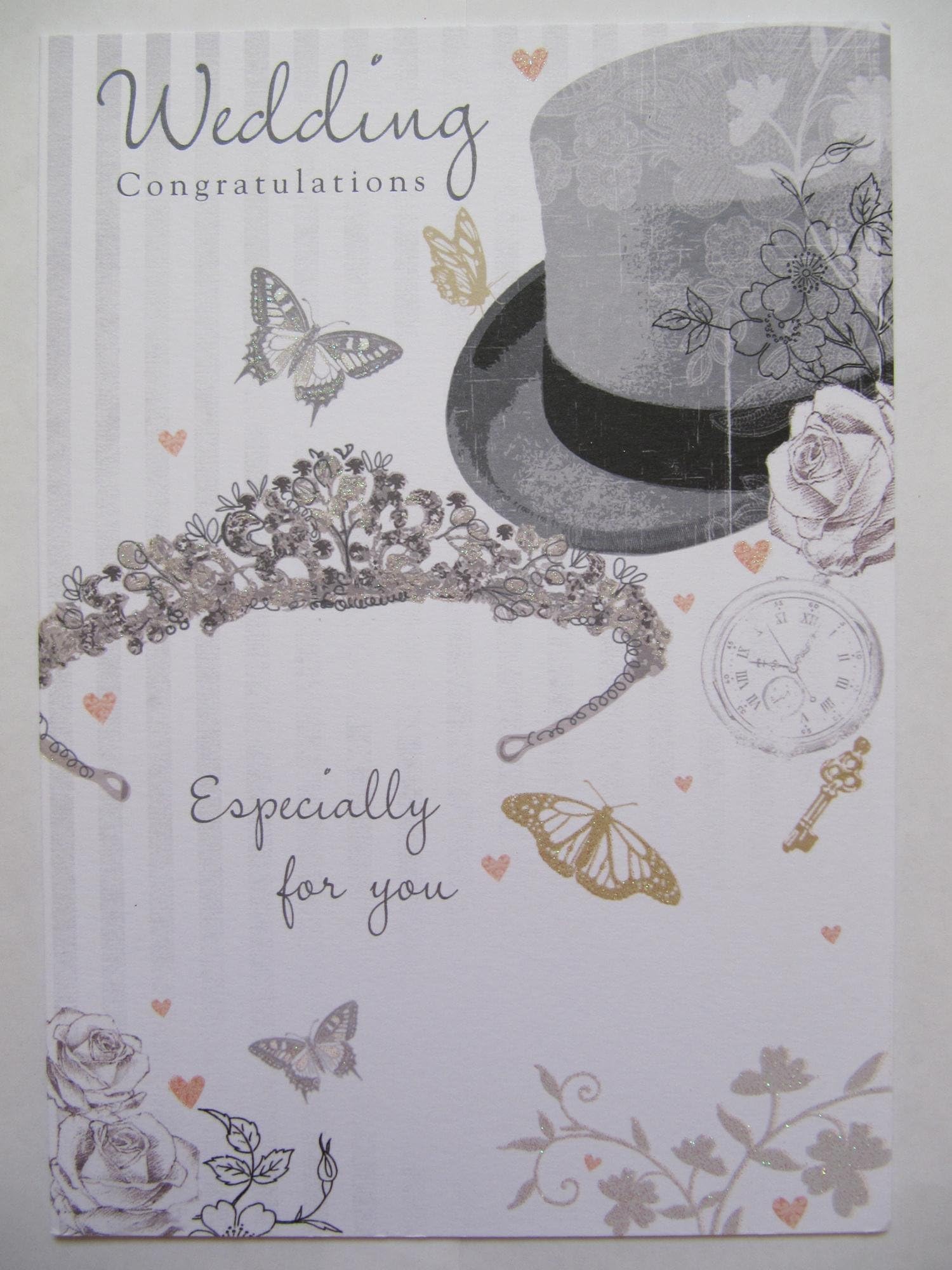 WONDERFUL COLOURFUL SILVER TOP HAT & TIARA WEDDING GREETING CARD
