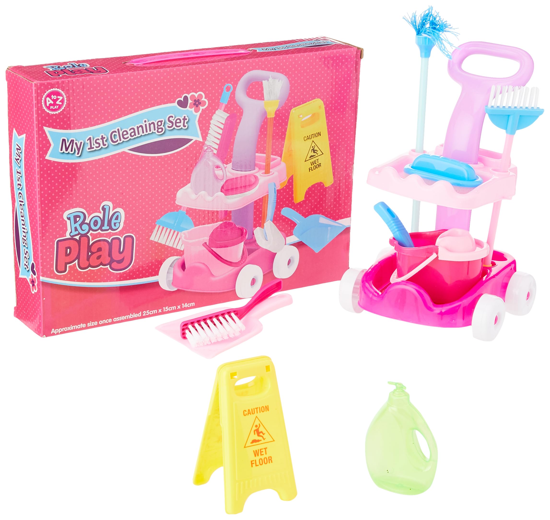 Kids Role Play Cleaning Set with Trolley Cart, Mop, Bucket, Brushes and Wet Floor Sign, Pink, 25cm x 15cm x 14cm