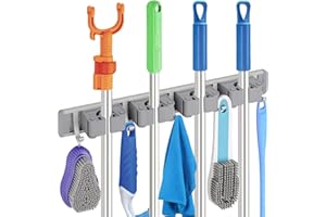 MCOMCE Broom Holder Wall Mount, Broom Holder, Mop Hanger Wall Mount Metal Organization, Broom and Dustpan Hanger for Home, Kitchen, Garden, Garage Storage Systems (4 Racks with 5 Hooks, Silver)